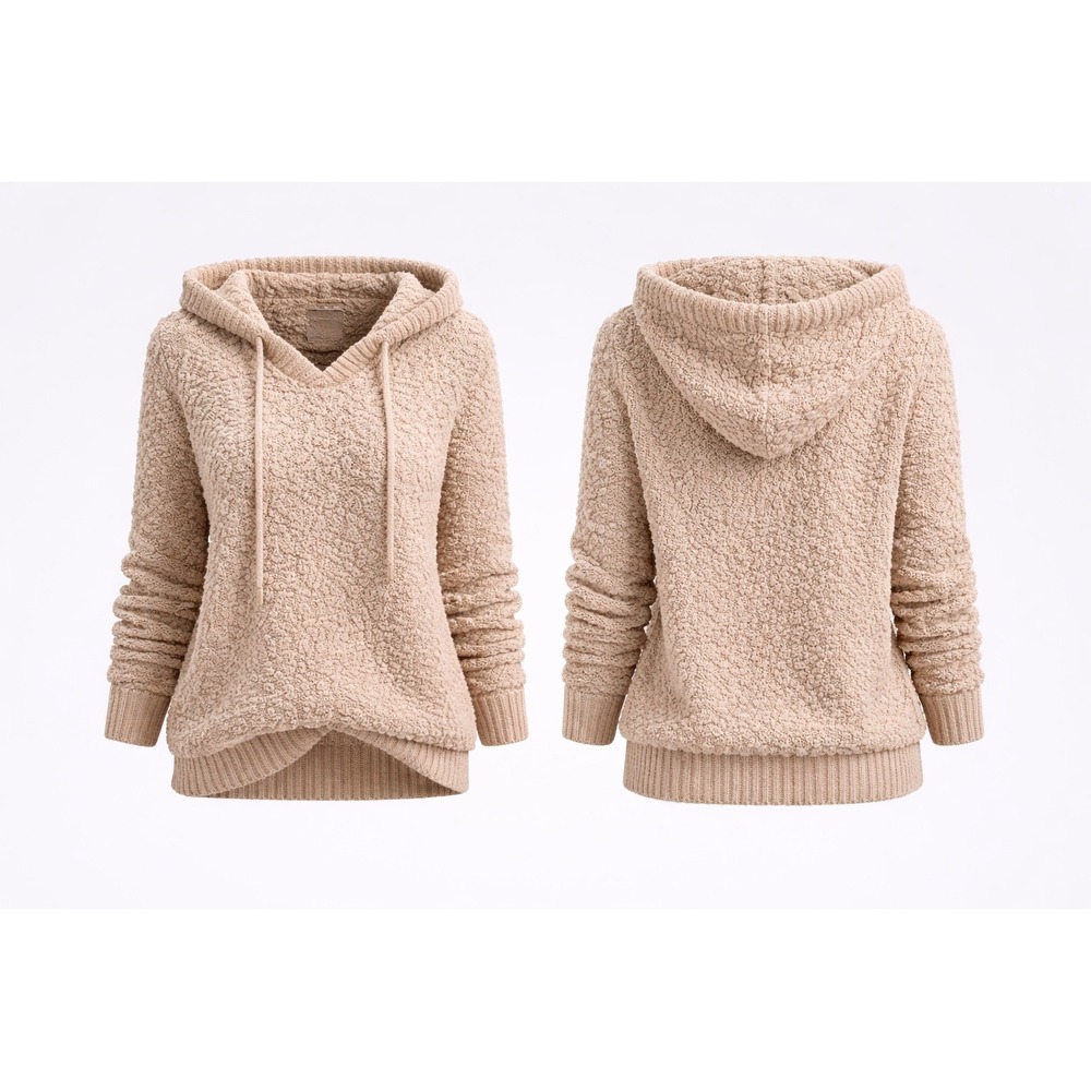 Knox Rose Women Tan Popcorn Knit Pullover Hoodie Sweater Beige Size M
